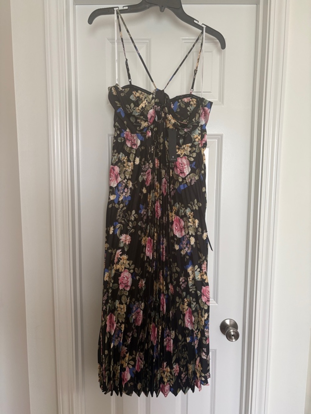 Black satin Floral Pleated Midi Dress with Pink & Blue Blooms